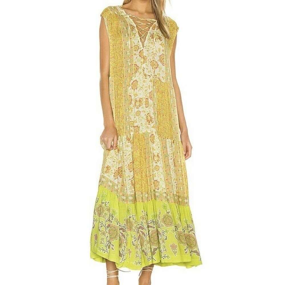 Free People Hanalei Bay Maxi‎ Dress Sz XS Floral Yellow Festival Boho Full Sweep - Picture 4 of 7